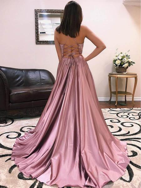 Cheap Simple Spaghetti Strap Long Prom Dresses Side Slit DMH47