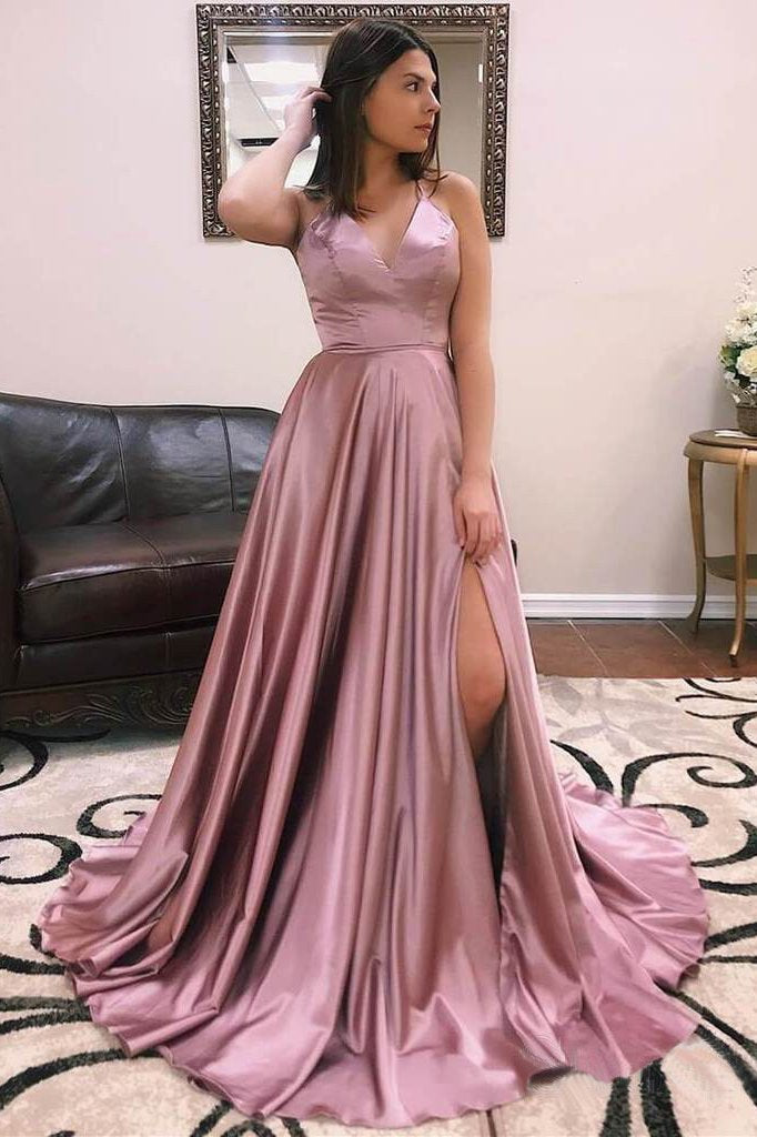 Cheap Simple Spaghetti Strap Long Prom Dresses Side Slit DMH47