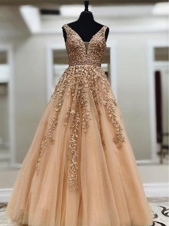 A Line V Neck Long Lace Applique Prom Dresses Cheap Ball Gown DMH44