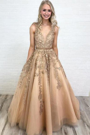 A Line V Neck Long Lace Applique Prom Dresses Cheap Ball Gown DMH44