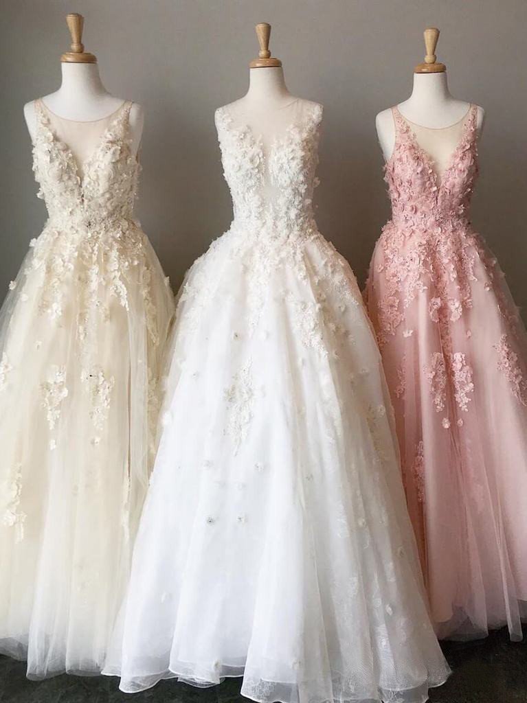 A Line Long Lace Applique Prom Dresses Cheap Tulle Evening Dresses DMH43