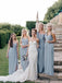 Long One Shoulder Cheap Dusty Blue Bridesmaid Dresses with Slit DMO18