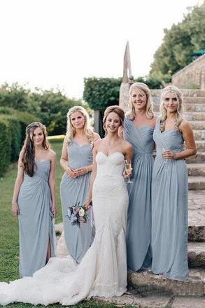 Long One Shoulder Cheap Dusty Blue Bridesmaid Dresses with Slit DMO18