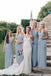 Long One Shoulder Cheap Dusty Blue Bridesmaid Dresses with Slit DMO18