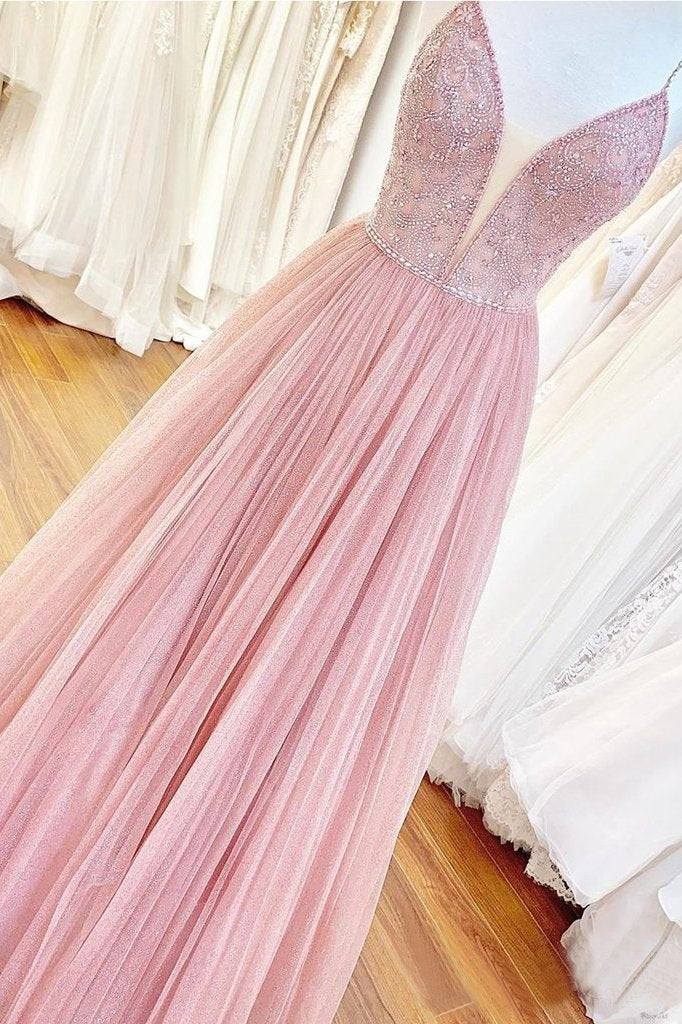 Long Beaded Bodice V-neck Neckline Chiffon Pink Prom Dress Formal Dresses DMS7