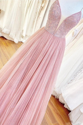 Long Beaded Bodice V-neck Neckline Chiffon Pink Prom Dress Formal Dresses DMS7
