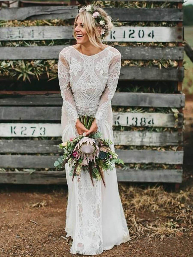 Long Sleeve Ivory Lace See Through Backless Beach Boho Wedding Dresses DMF81