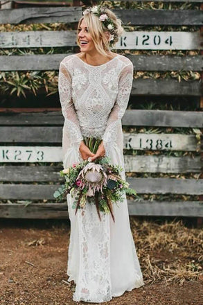 Long Sleeve Ivory Lace See Through Backless Beach Boho Wedding Dresses DMF81