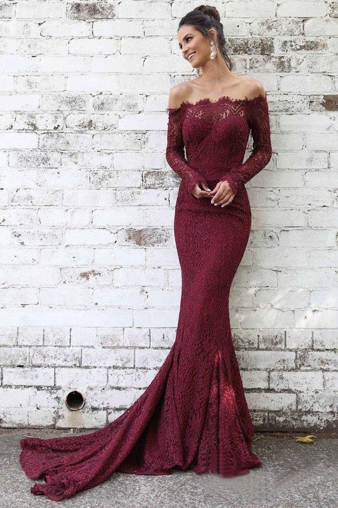 Long Sleeve Lace Maroon Mermaid Prom Dresses Off the Shoulder Evening Dress DML43