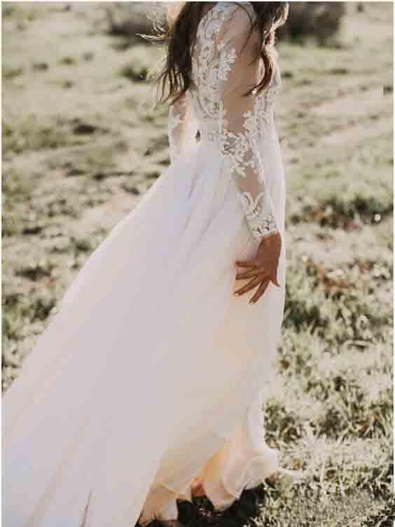 A Line Long Sleeve Lace Appliqued Ivory Beach Wedding Dress DMF83