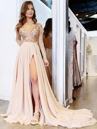 Long Sleeve See Through V Neck Prom Dresses Side Slit Formal Prom Party Dress DMH65