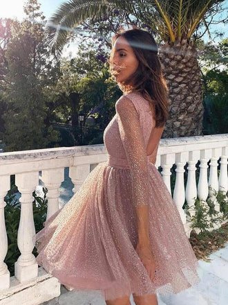 Pink Sequins Long Sleeve Short Homecoming Dresses Backless Formal Dress DMO7