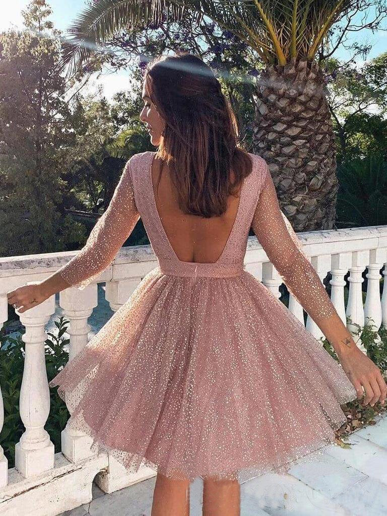 Pink Sequins Long Sleeve Short Homecoming Dresses Backless Formal Dress DMO7