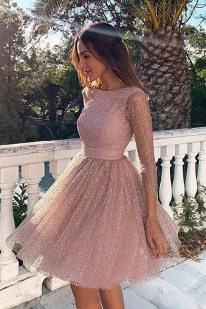 Pink Sequins Long Sleeve Short Homecoming Dresses Backless Formal Dress DMO7