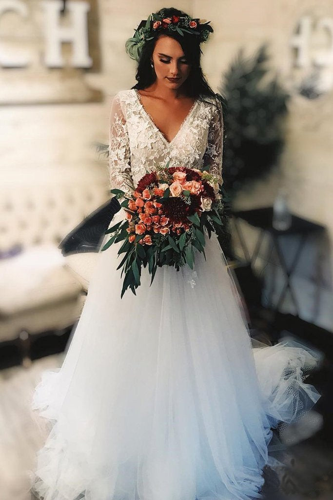 Long Sleeve Lace Tulle V Neck Boho Beach Wedding Dresses Rustic Bridal Dress DMH76