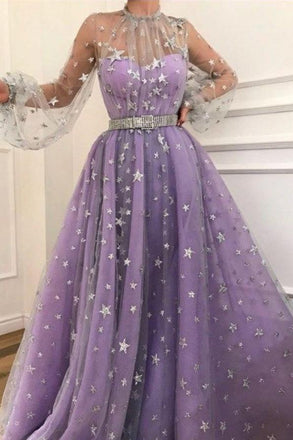 Long Sleeve  A-line Sparkly Star Lace Lilac Long Prom Dresses DMG83