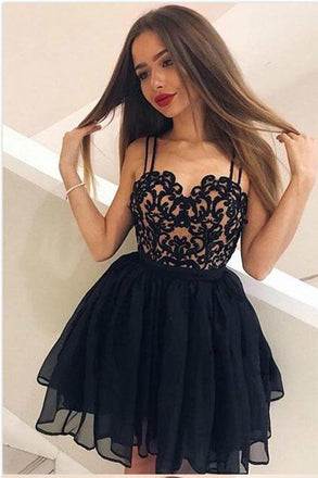 Cute Tulle Short Sweetheart Straps Black Lace Homecoming Dresses DMA61