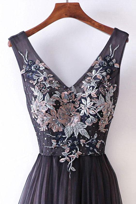 Elegant A-line V-neck Lace Appliqued Lace Up Long Prom Dresses Evening Gowns DMA84