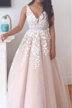 Elegant A-line Long V-neck Long Pink Lace Appliques Wedding Dress DM678