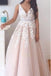 Elegant A-line Long V-neck Long Pink Lace Appliques Wedding Dress DM678