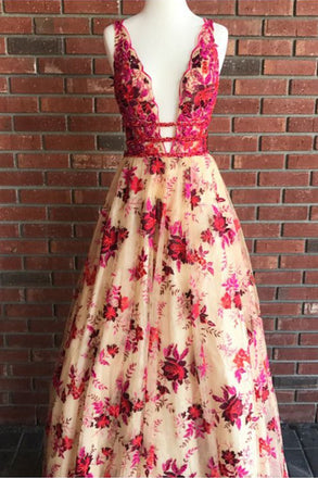 Beautiful V neck Beaded Long A-line Red Floral Prom Dress DM911
