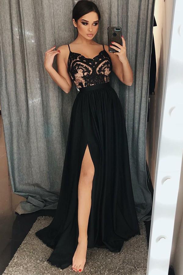 Unique A-Line Spaghetti Straps Black Split Long Prom Dress with Lace DMA87