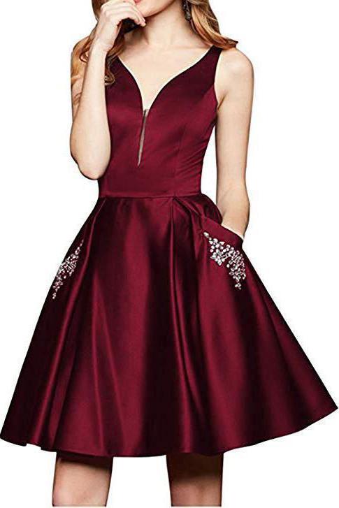 Maroon Short A Line Beading Homecoming Dresses with Pocket DMO12