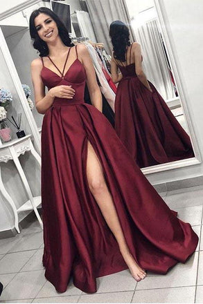 Maroon Spaghetti Straps Side Slit Long A Line Elegant Evening Prom Dresses DMI58