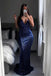 Mermaid Sequin Backless Navy Blue Evening Dresses, V Neck Long Prom Dresses DMP016