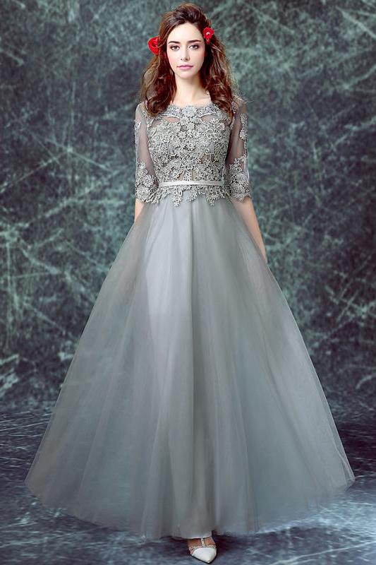 Grey Half Sleeve Tulle Long Prom Dress,A line Evening Dress Demodresses Grey Half Sleeve Tulle Long Prom Dress,A line Evening Dress Demodresses