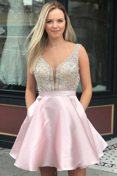 A Line V Neck Sleeveless Homecoming Dress, Beading Satin Short Prom Dresses DMN41