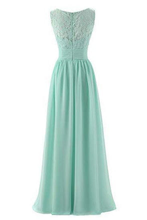 Mint Green V Neck Long Simple Pleated Bridesmaid Dress with Lace  DMM57