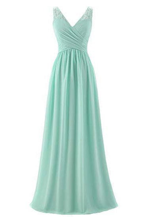 Mint Green V Neck Long Simple Pleated Bridesmaid Dress with Lace  DMM57