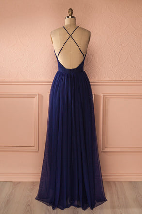 Sexy Navy V Neck Backless Prom Dress, Simple Long Evening Dress For Woman DM110