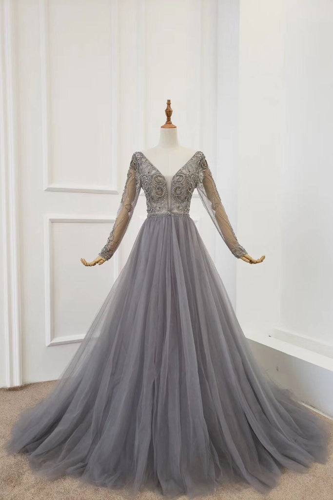 A Line Long Sleeves V Neck Grey Beading Prom Dresses DMS91