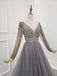 A Line Long Sleeves V Neck Grey Beading Prom Dresses DMS91