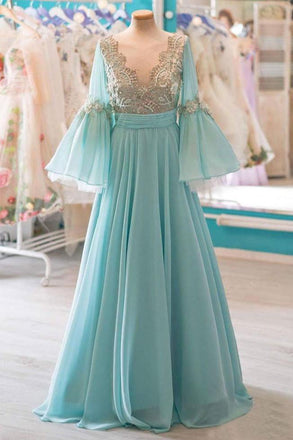 Modest A-line Chiffon Long Prom Dresses With Flare Sleeves DMK56