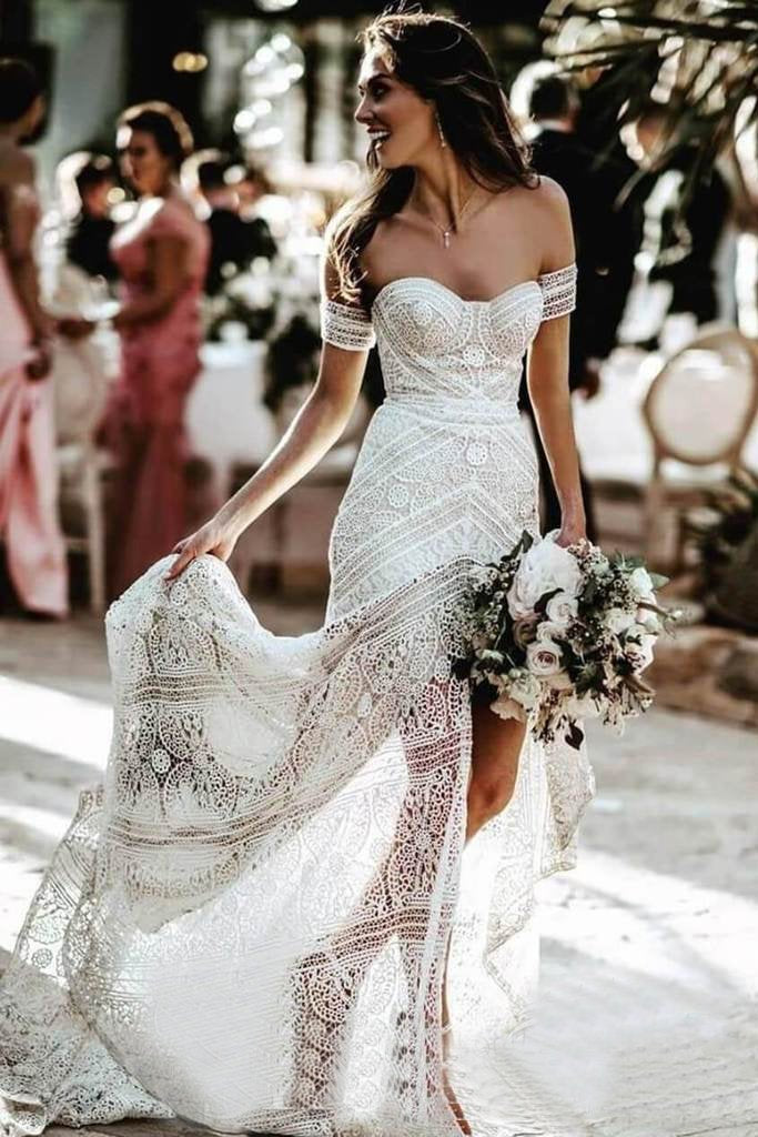 Sweetheart Sheath Lace Bridal Dress Beach Wedding Dresses With Slit DMP93