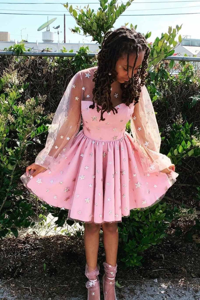 Pink Stars Long Sleeves Tulle Short Homecoming Dresses DMM48
