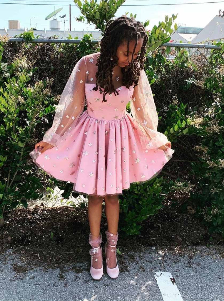 Pink Stars Long Sleeves Tulle Short Homecoming Dresses DMM48