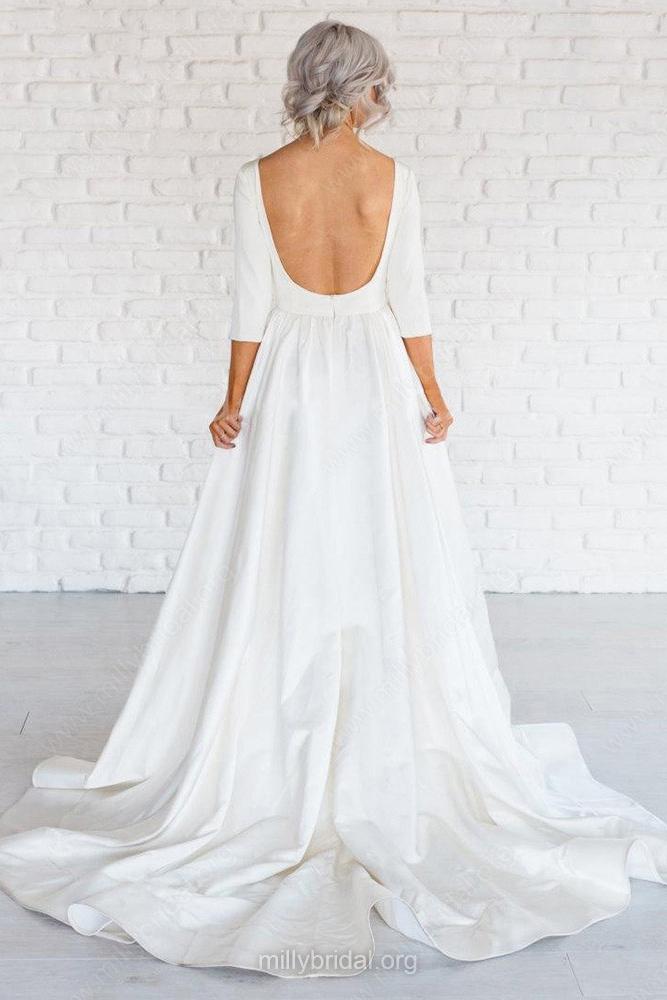 Simple White A-line Satin Sweep Train 3/4 Sleeve Backless Wedding Dresses DM740