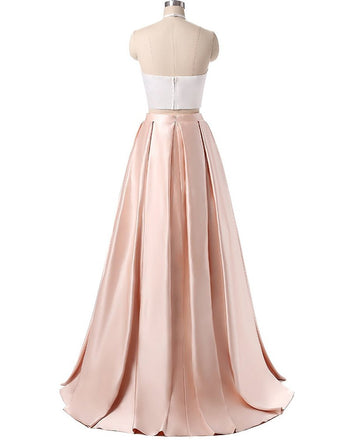 Charming Formal Halter Two Pieces Light Pink Prom Dress, Simple Satin Prom Gowns DM119