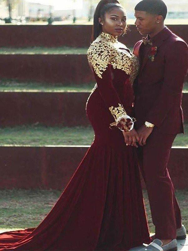 Trumpet/Mermaid High Neck Long Sleeves Applique Burgundy Plus Size Prom Dresses OKF40 Demodresses Trumpet/Mermaid High Neck Long Sleeves Applique Burgundy Plus Size Prom Dresses OKF40 Demodresses