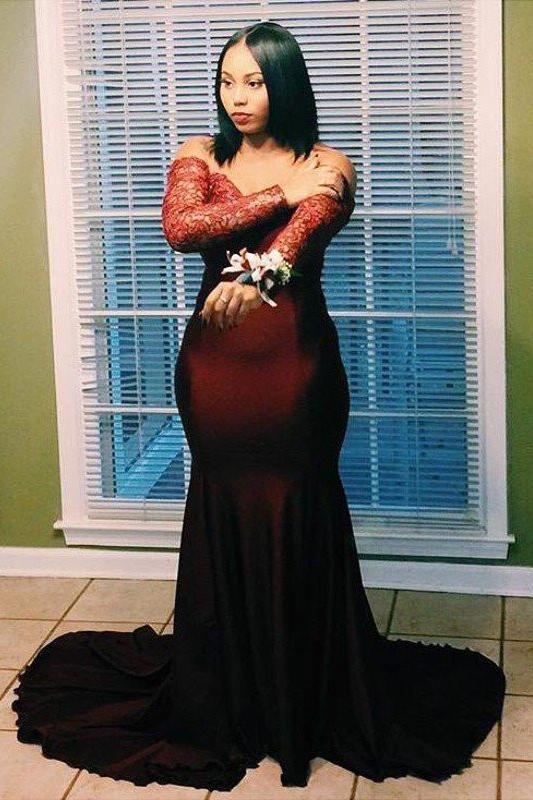 Mermaid Off-the-Shoulder Long Sleeves Lace Applique Plus Size Prom Dresses DMF41