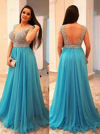 A-Line V-neck Sleeveless Beading Chiffon Ice Blue Plus Size Dresses DMF44