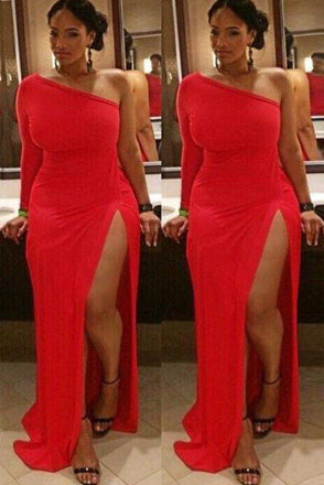 Sheath/Column One Shoulder Long Sleeves Ruched Spandex Split Plus Size Dresses DMF48