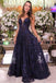 Navy Blue Lace Long Prom Dresses Spaghetti Strap V Neck Cheap Formal Dress DMI20