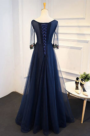 Navy Blue Tulle A-line Flower Appliques Prom Dress With Sleeves,Long Formal Evening Dress DMA28