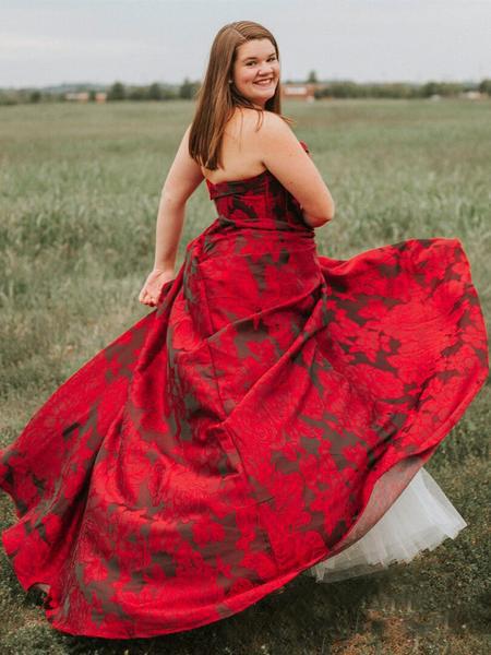 New Arrival Burgundy Sweetheart Floral Long Plus Size Prom Dresses with Pockets DMH67