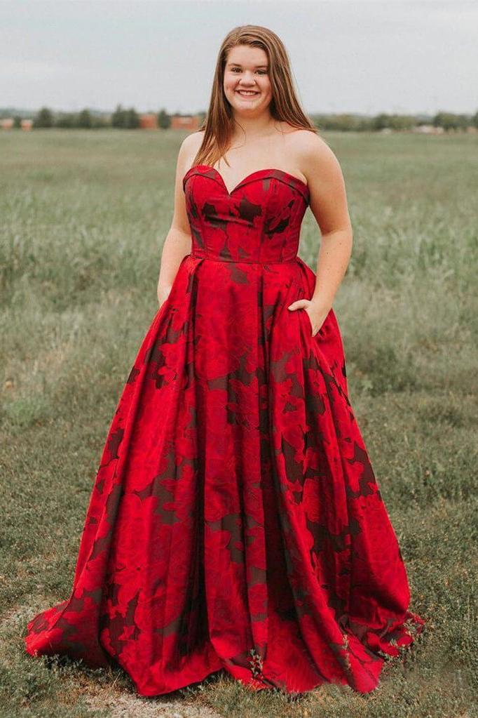 New Arrival Burgundy Sweetheart Floral Long Plus Size Prom Dresses with Pockets DMH67